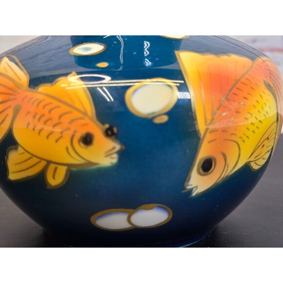 Vintage Japanese Bud vase Goldfish cobalt blue hand painted  fish - Picture 3 of 10